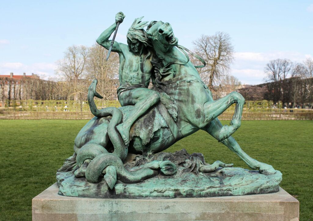 Warrior on horseback fighting sculpture