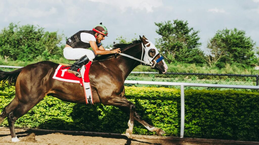 A thrilling action shot of a jockey riding a horse at full speed during a race on a sunny day.