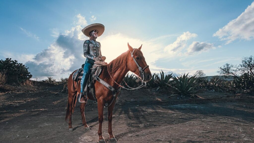 A man riding a horse in a rural landscape