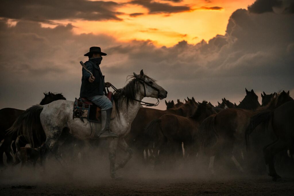 A cowboy rides amidst a herd of horses with a dramatic sunrise backdrop.