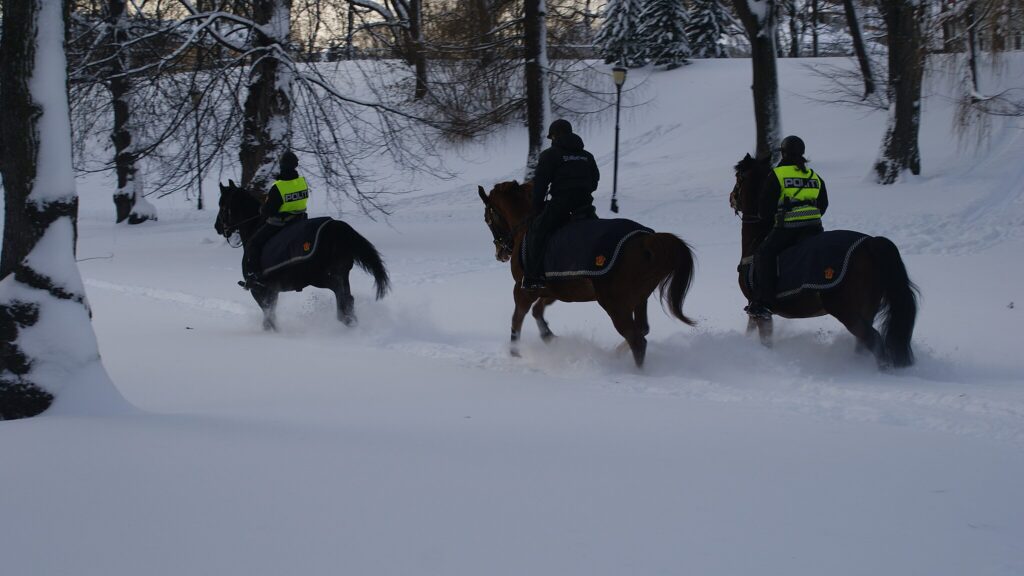 Mounted patrol of Norwegian Police. Slottsparken, Oslo, Norway.