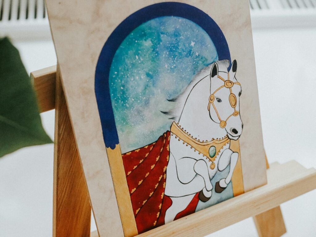 Imaginative painting depicting a white horse framed by a cosmic background