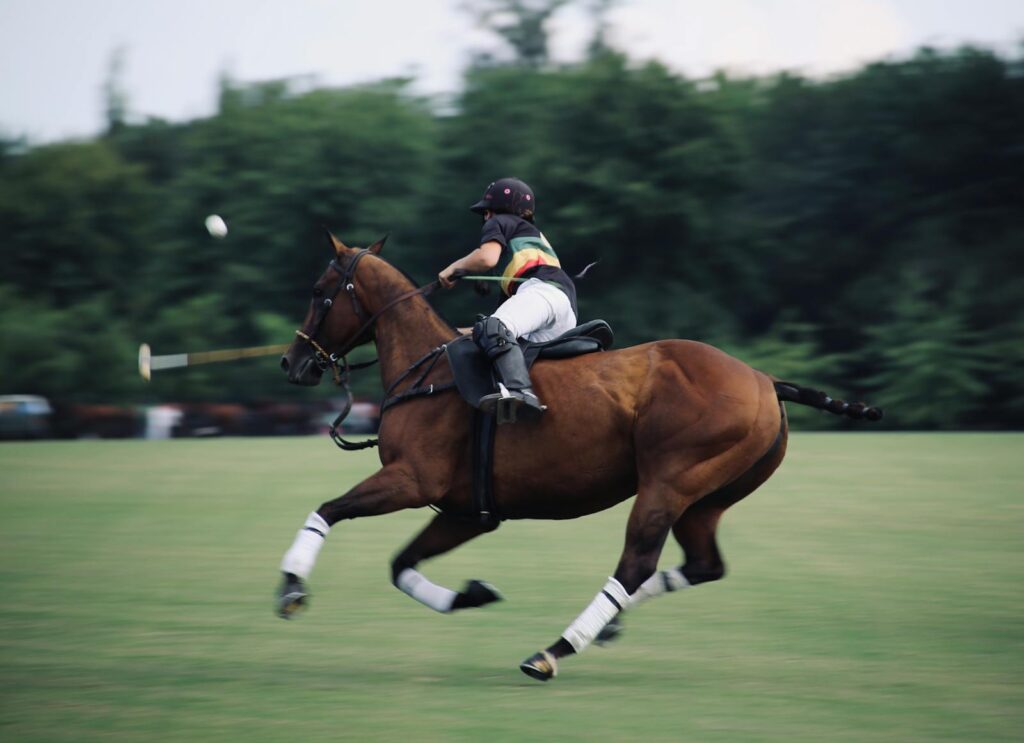 An intense polo match capturing a rider skillfully maneuvering a galloping horse.