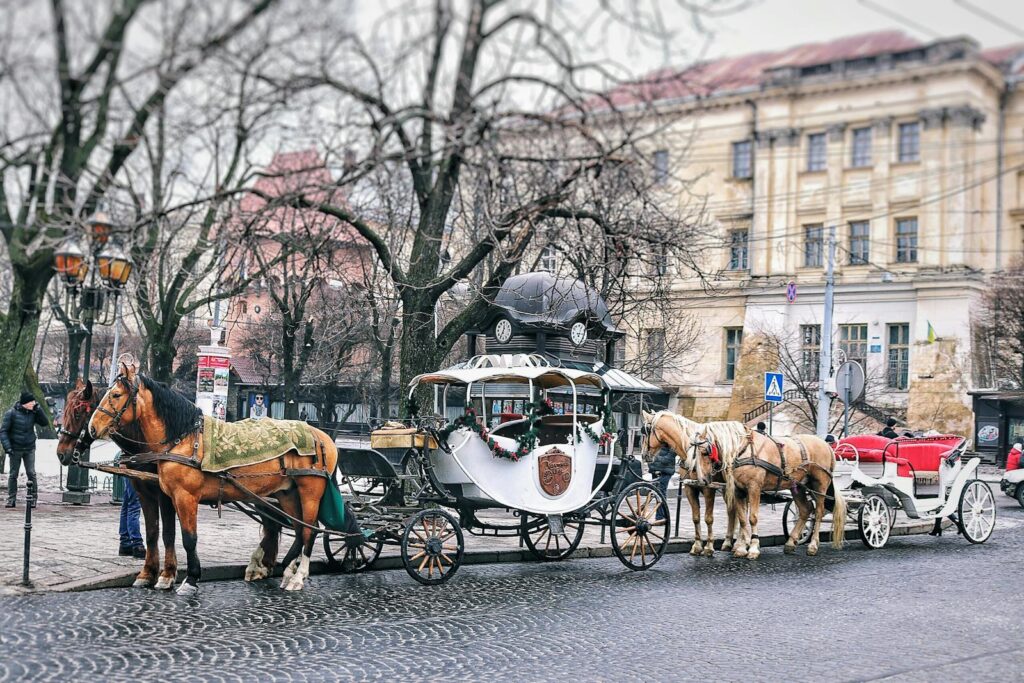 Vintage horse-drawn carriages lined up on a cobblestone street in a historic city, offering a glimpse into the past.