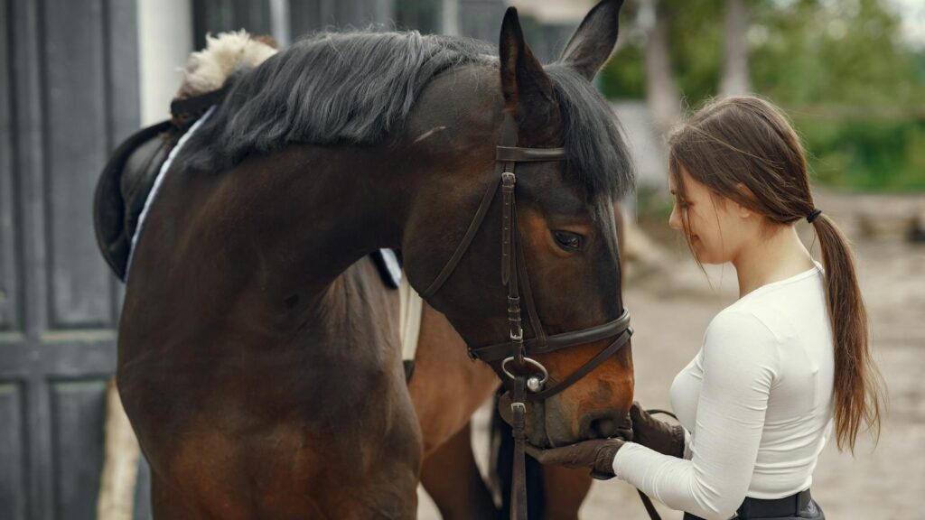 A young woman connects with a horse in a stable setting, creating a calm interaction.