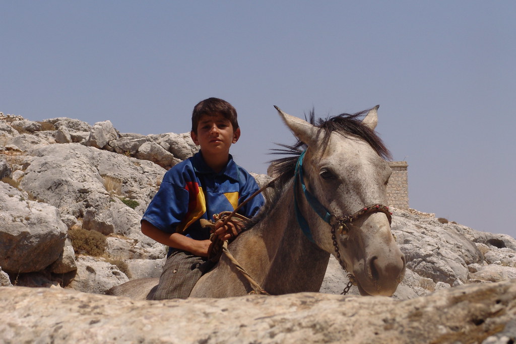 Young cowboy riding horse