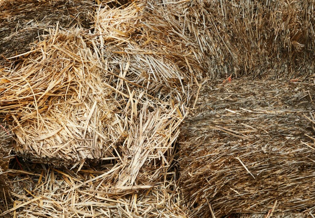 Detailed view of textured straw bales stacked in a rural setting.
