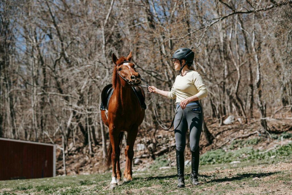 A woman leads a brown horse through outdoor training in the forest