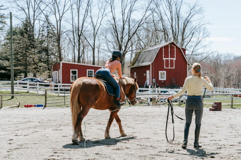 Woman trains a horse rider outdoors