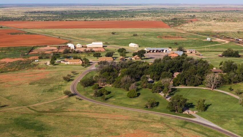 Aerial view of Waggoner Ranch buildings and landscape.