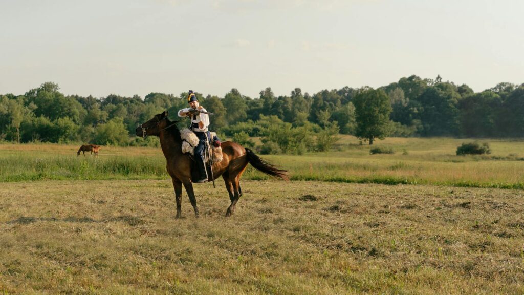 Horseback rider in action in green field