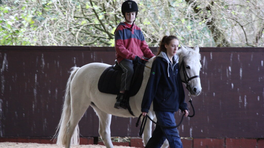 A chikd riding A white horse
