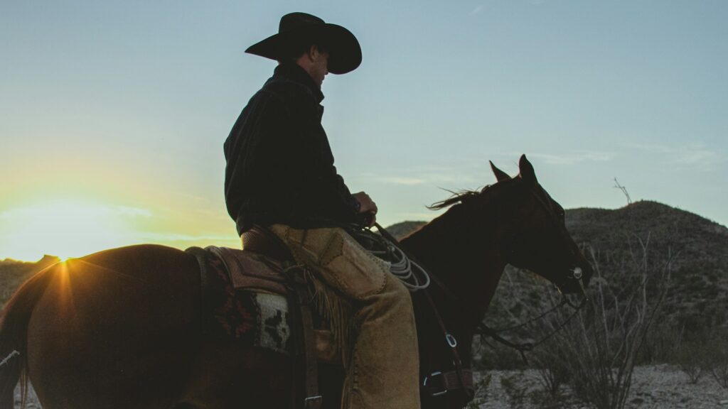 a man riding on the back of a brown horse
