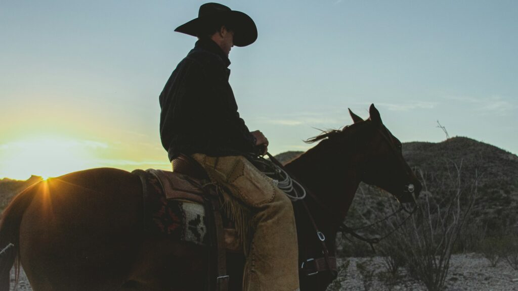 a man riding on the back of a brown horse