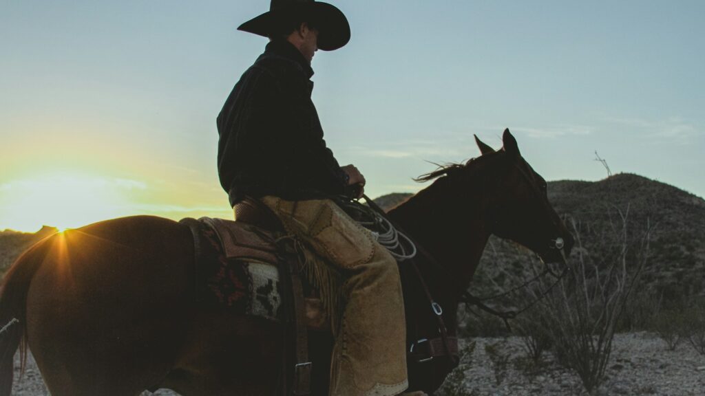 a man riding on the back of a brown horse