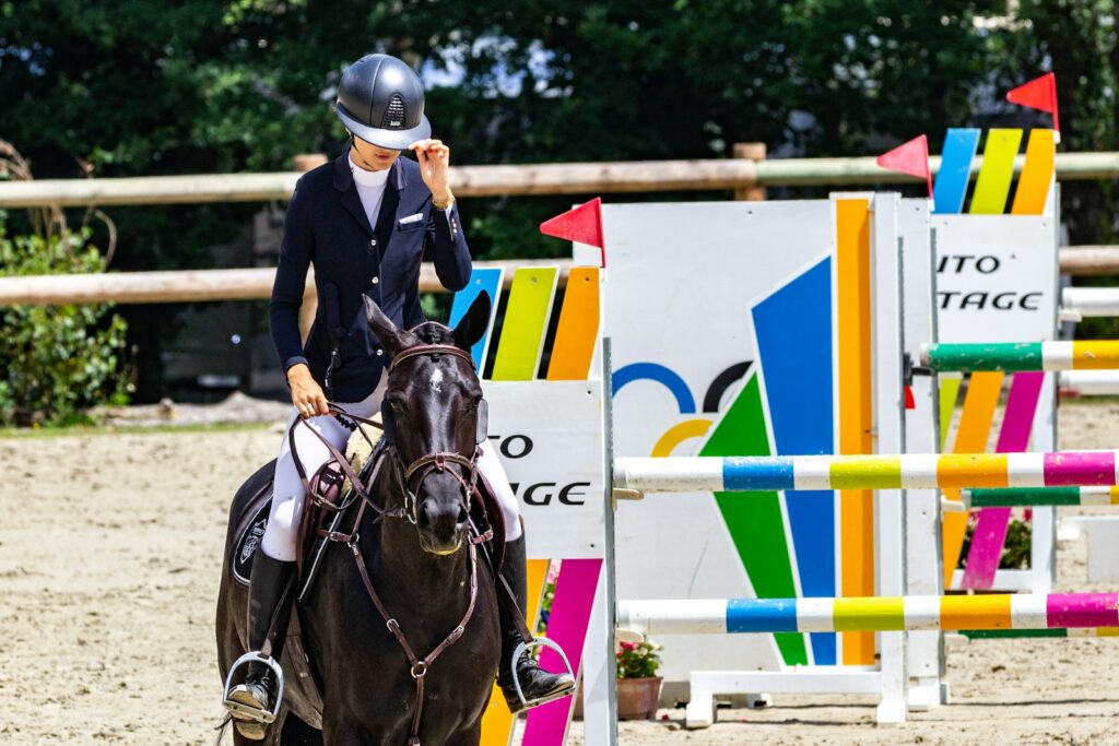 Equestrian riding brown horse during daytime