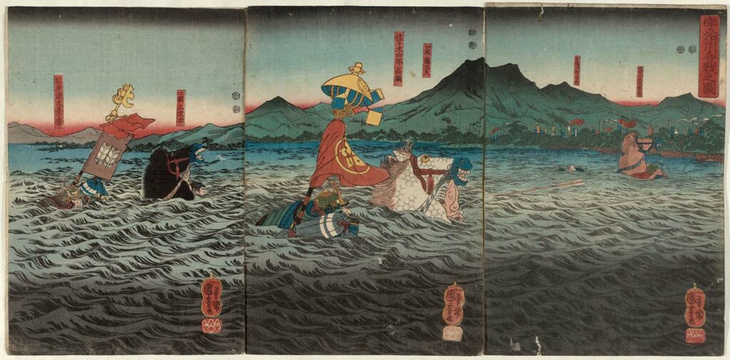 Sasaki Takatsuna racing atop Ikezuki to cross the Uji River before the second battle of Uji, as depicted in a print by Utagawa Kuniyoshi.