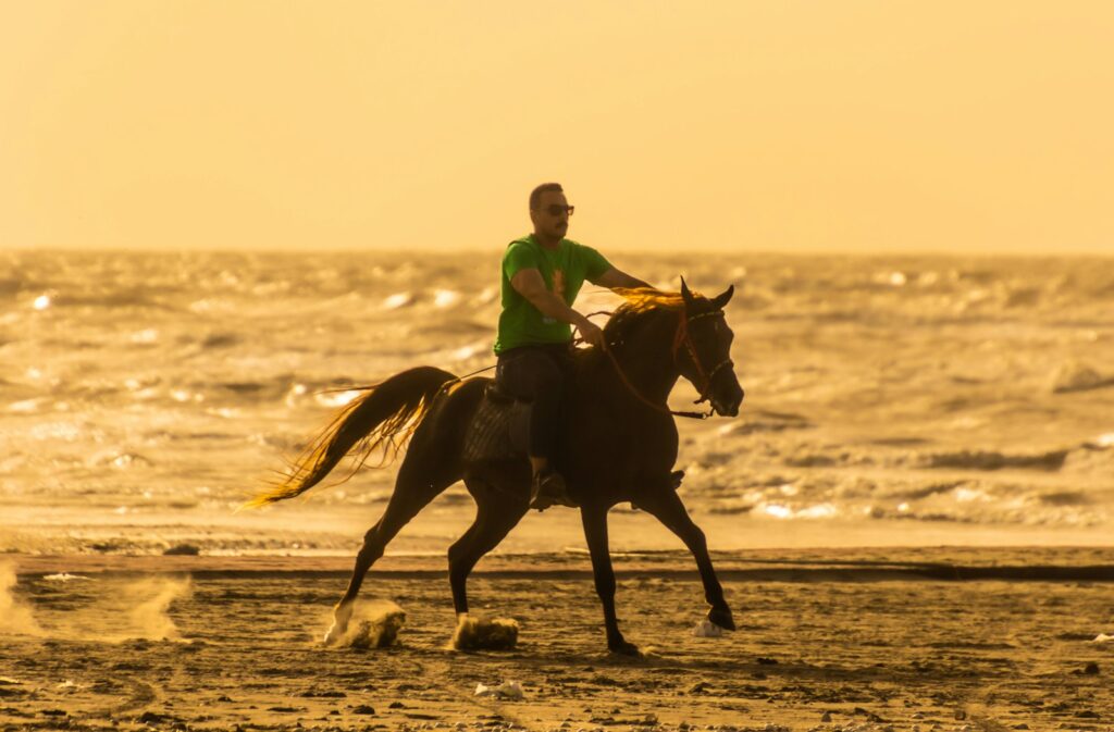 A man riding a horse on the beach
