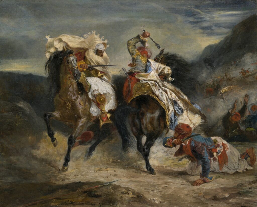 Painting of warriors on horseback in battle