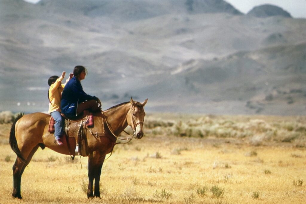 a couple of people riding on the back of a brown horse