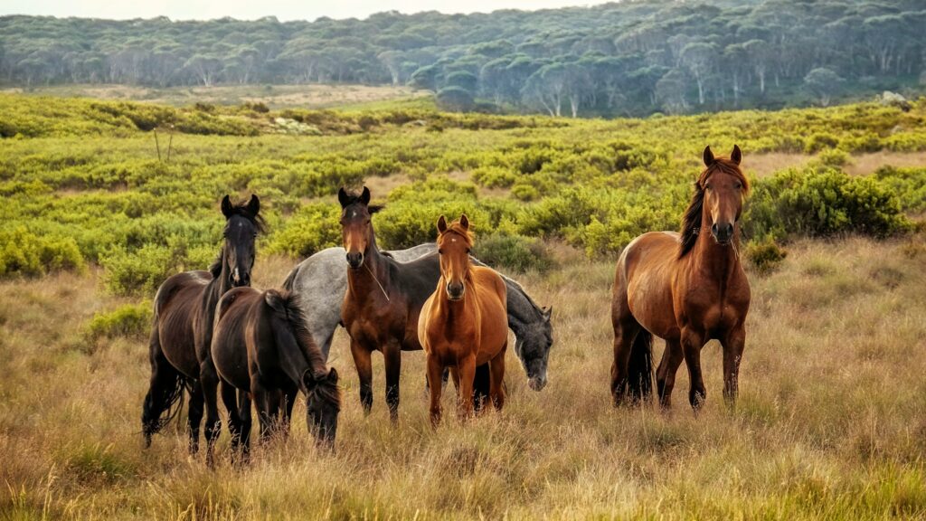a heArd of horses standing on top of a grass covered field