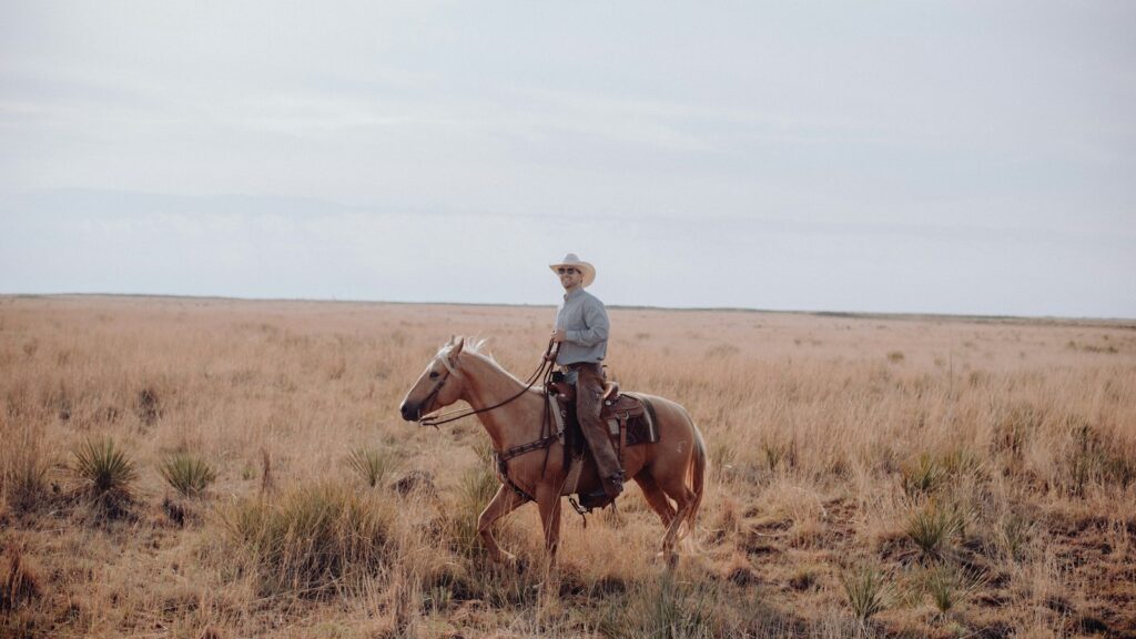 a man riding on the back of a brown horse
