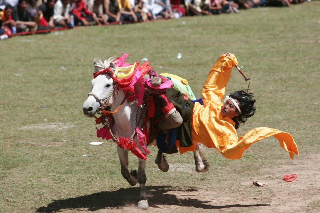 Rider falling off on his white horse