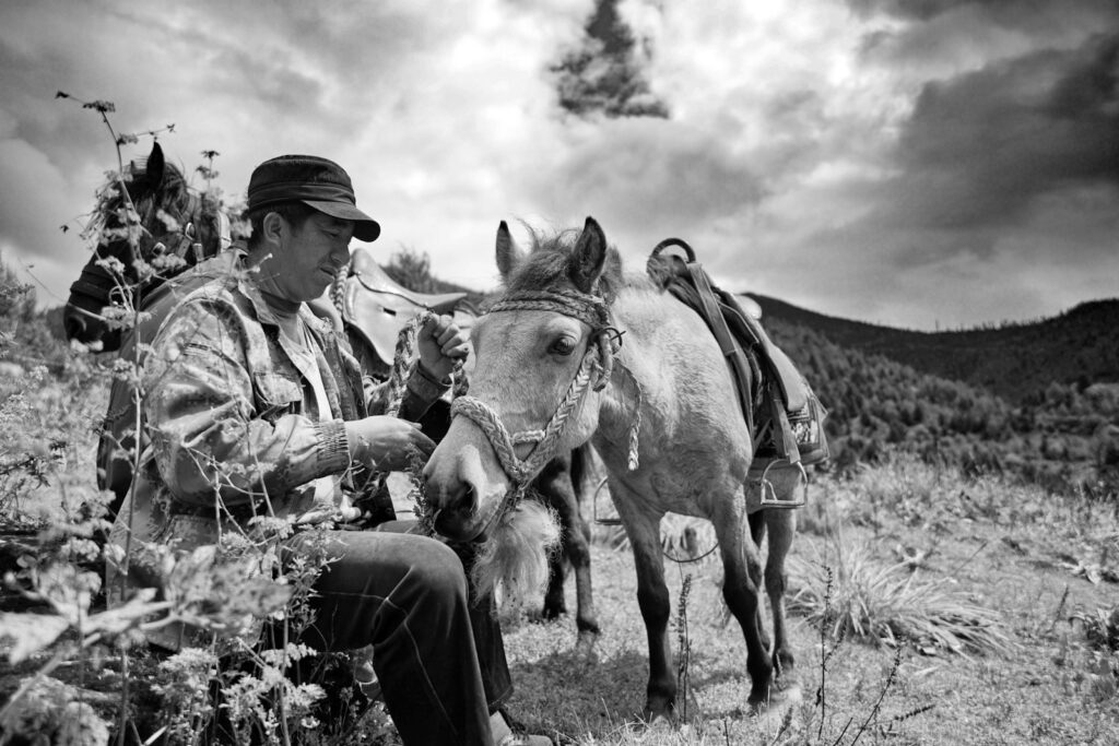 Grayscale photo of man riding horse