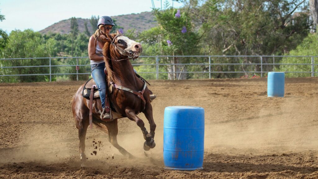 woman riding on brown horse