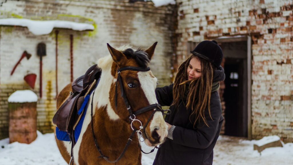 woman holding brown horse's bridle