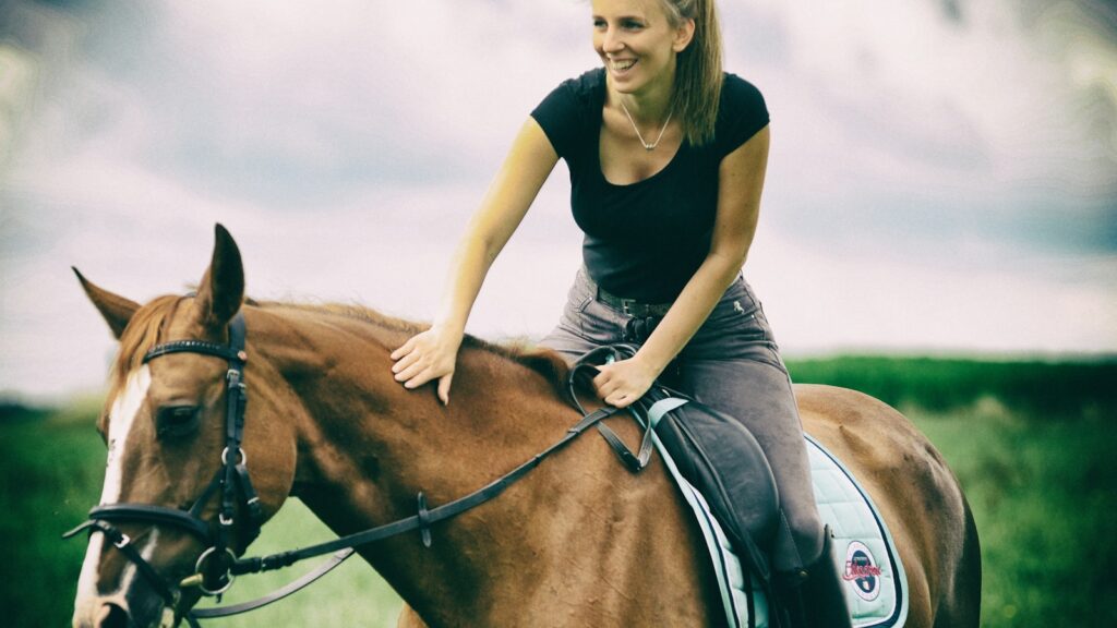 woman in blue crew neck t-shirt riding brown horse during daytime
