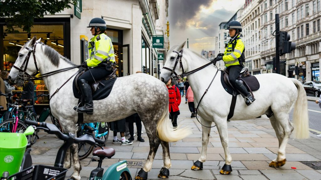 Two police officers on horses on a city street