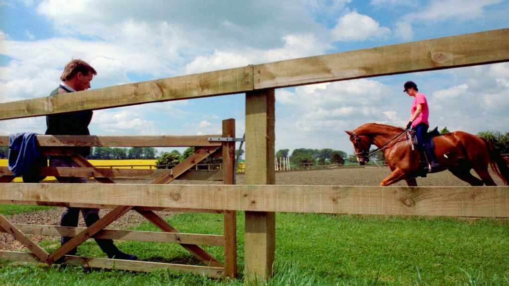 man in red jacket riding brown horse during daytime