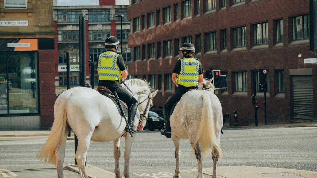two police officers riding horses on a city street