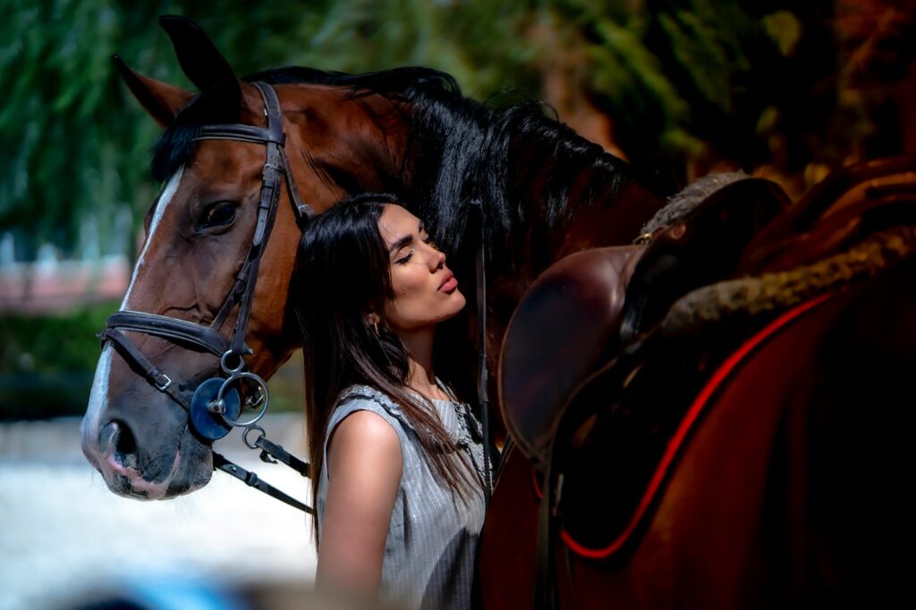 A person kissing a horse