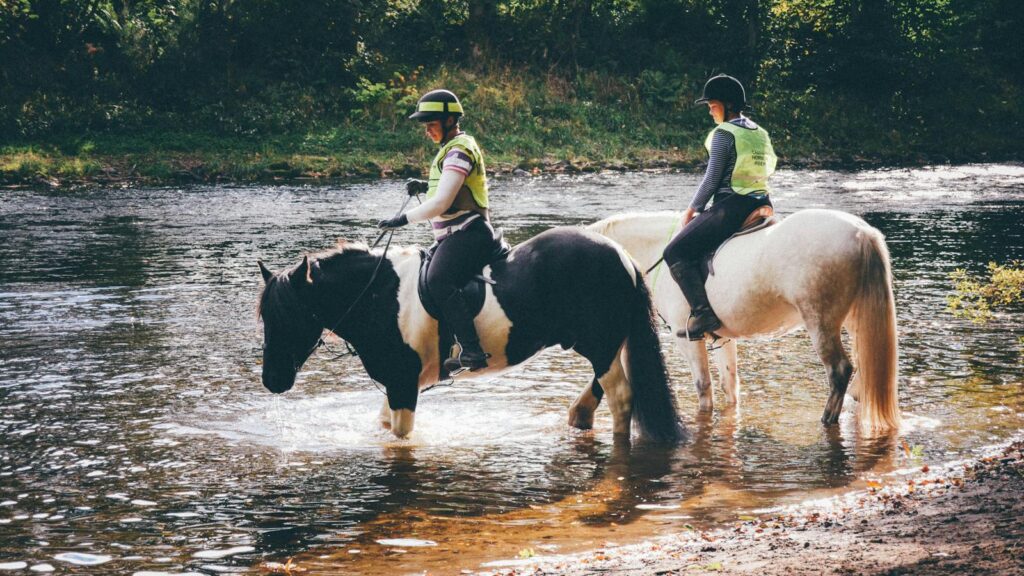 Two riders with horses crossing a beautiful river in a lush Scottish landscape.