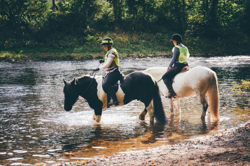 Two riders with horses crossing a river