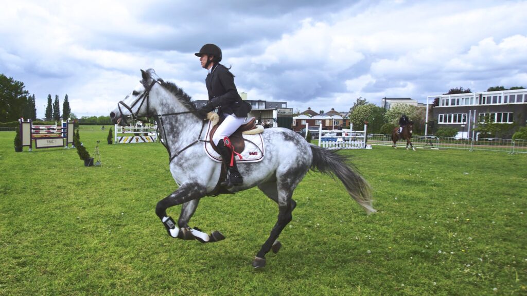 Rider on a gray horse performing show jumping outdoors. Captured action shot.