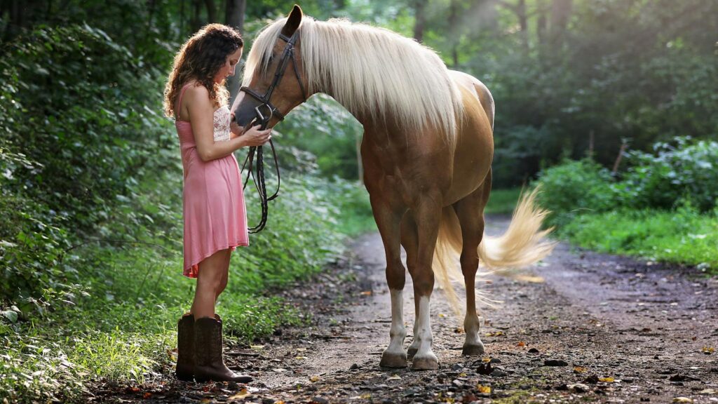 A young woman in a pink dress with a horse on a sunlit forest pathway.