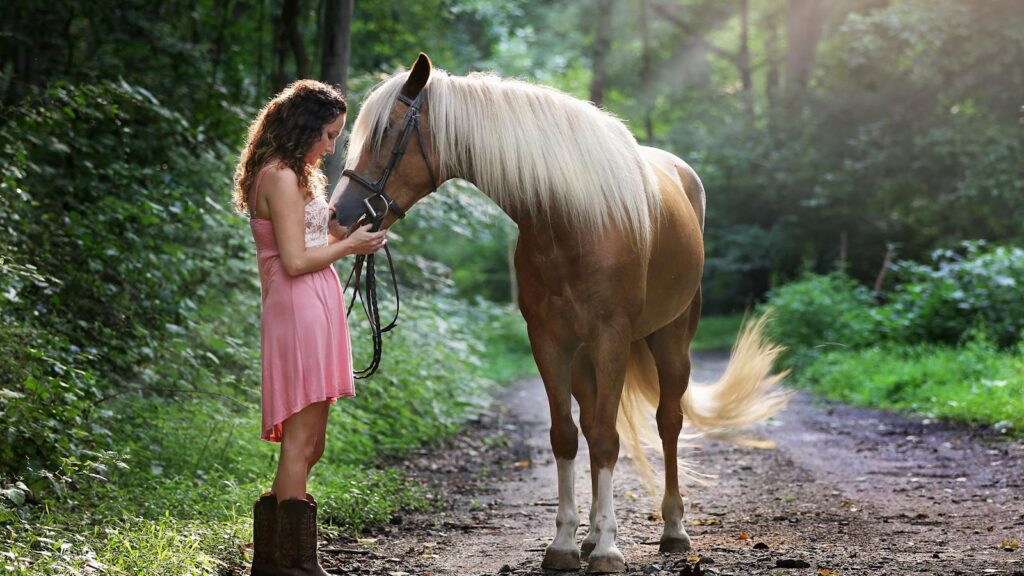 A young woman in a pink dress with a horse on a sunlit forest pathway.