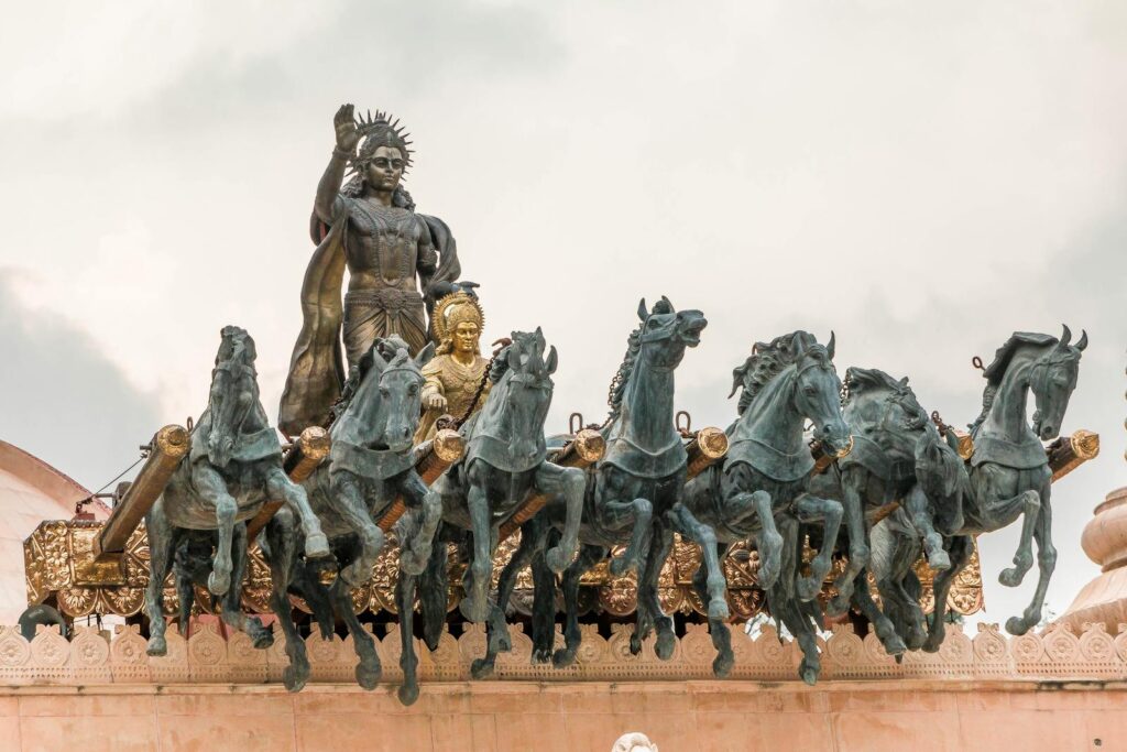 Majestic bronze monument of a warrior chariot drawn by horses
