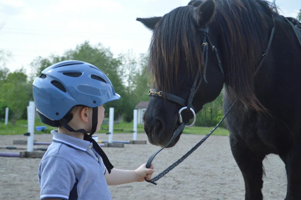 Child wearing a helmet gently leads a horse on a ranch