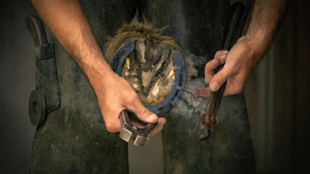 A farrier shaping a horseshoe on a horse's hoof with tools, showcasing skilled craftsmanship.