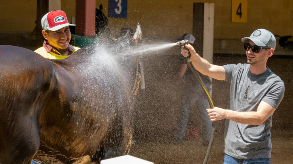 Two men using a water hose to wash a horse in an outdoor stable setting.