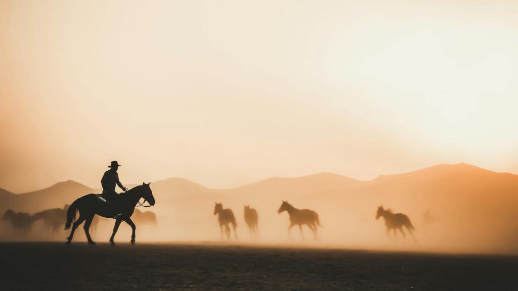 A cowboy rides among horses, silhouetted against a vibrant sunset in a dusty landscape.