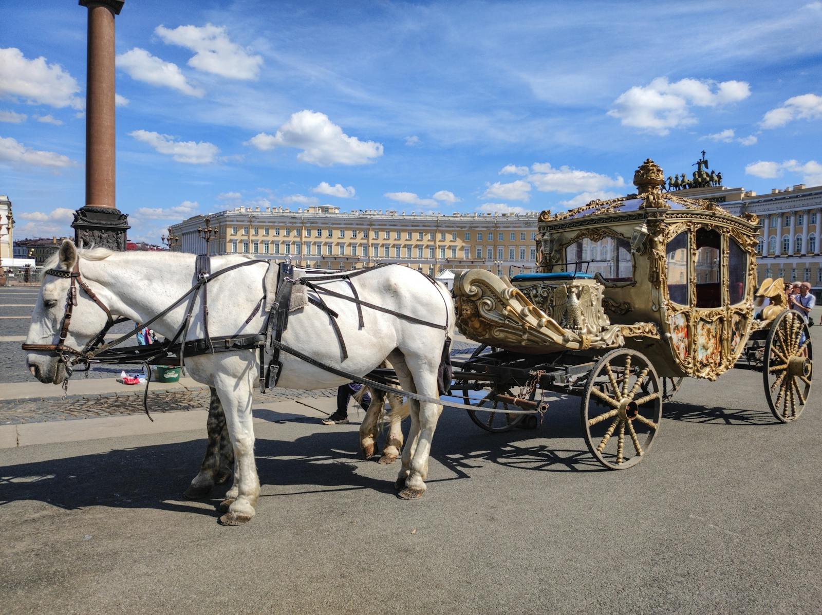 Elegant horse-drawn carriage at Palace Square in St. Petersburg