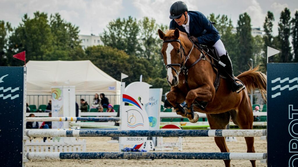 Brown horse and rider navigating an obstacle during a competitive equestrian event.