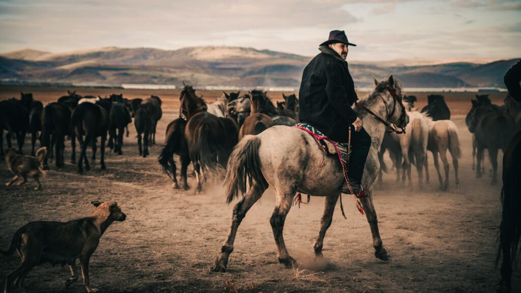 A cowboy rides a horse among a herd in a dusty and scenic landscape.