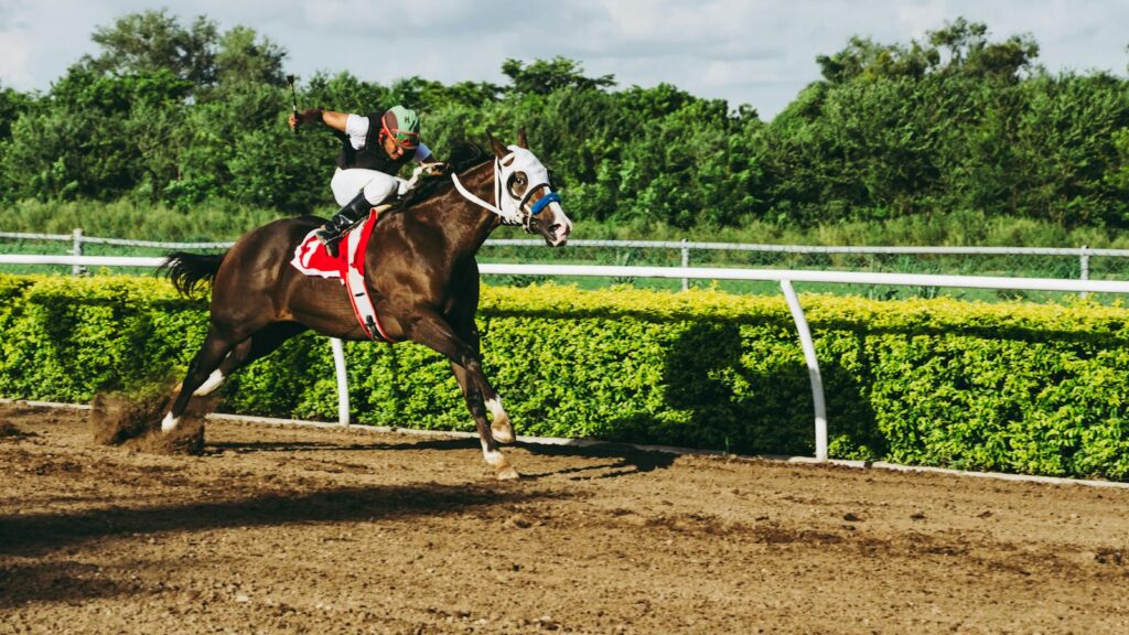 A dynamic shot of a jockey riding a galloping horse during a thrilling race outdoors.