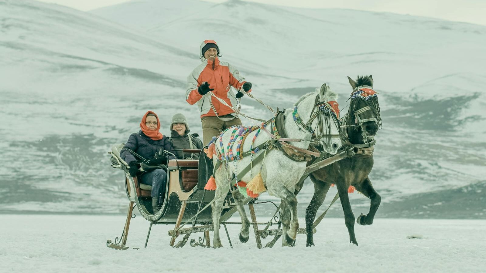A couple enjoys a horse-drawn sleigh ride through snowy mountains, highlighting winter leisure and adventure.